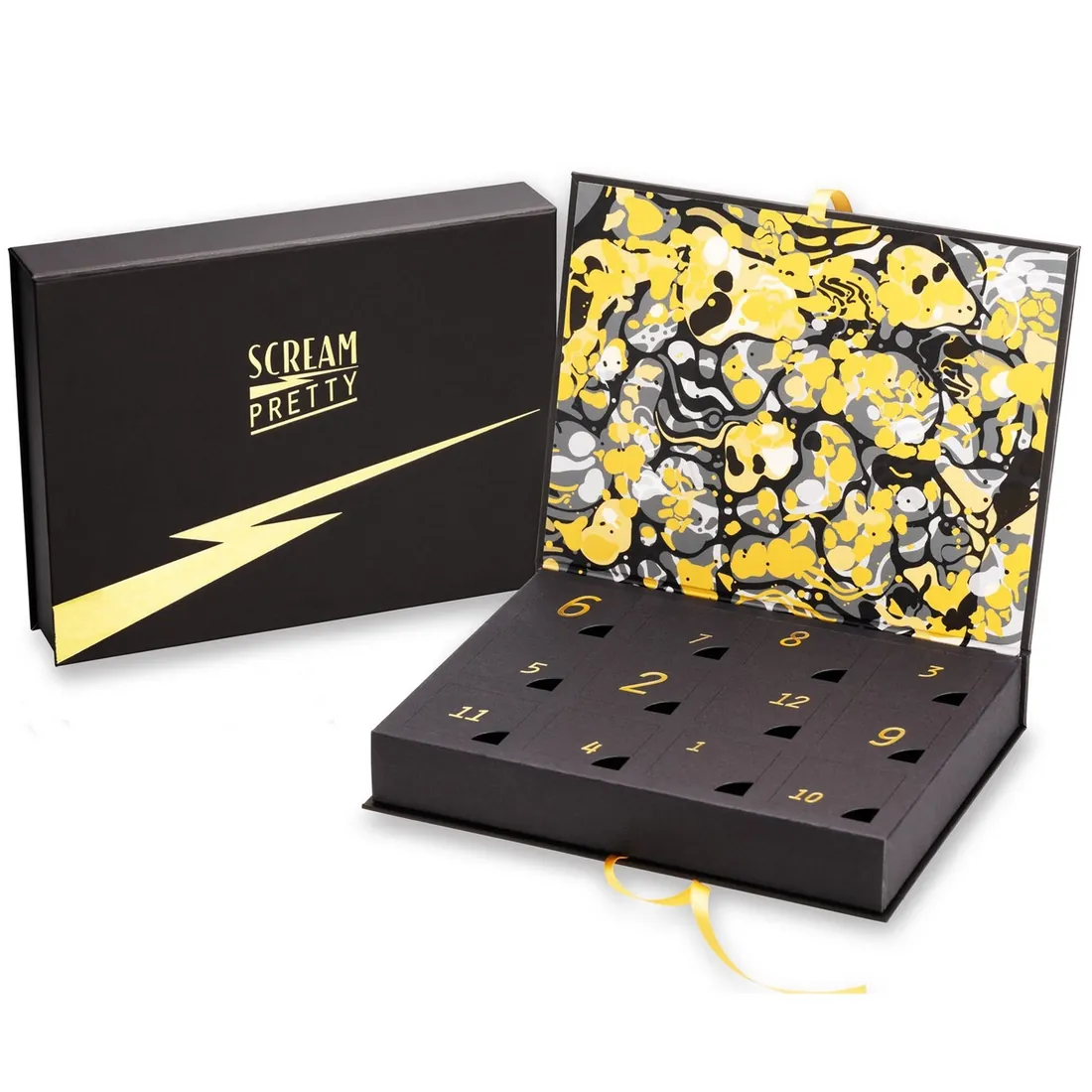 The Scream Pretty advent box: black with a gold lightning bolt, open to show twelve numbered doors